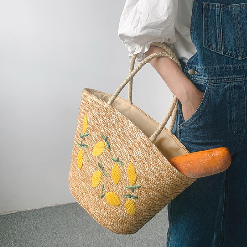 わら編みレモン刺繍ハンドバッグ